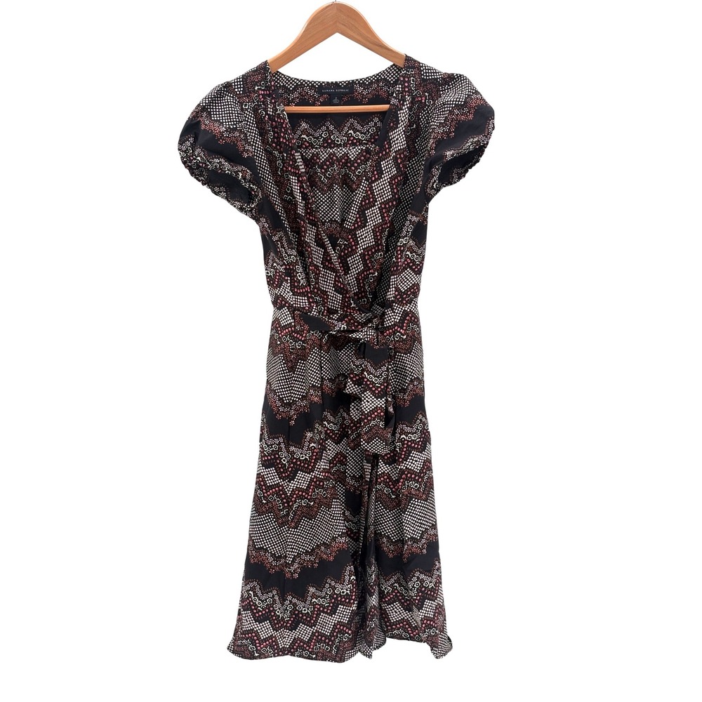Banana Republic Wrap Dress Silk Retro Indie Boho Black Puff Sleeve‎ Women Size 2